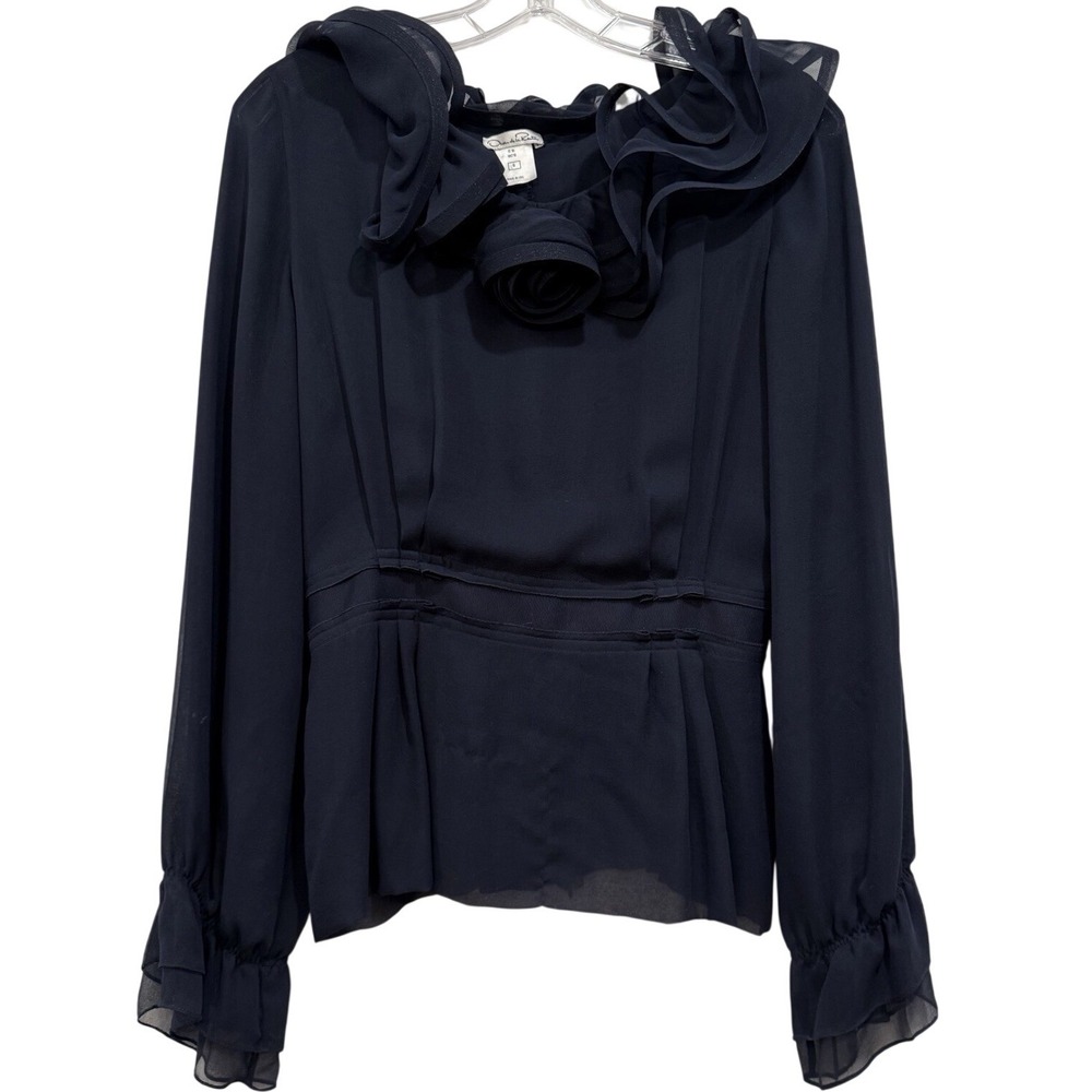 Oscar de‎ la Renta Navy Blue Ruffle Rose Neckline Long Sleeve Peplum Blouse Sz 6